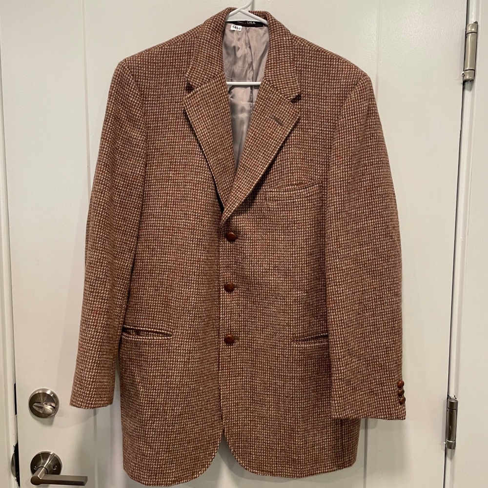 Richard Bennett Men Custom Tailored Houndstooth Blazer Brown Wool Sport Coat USA